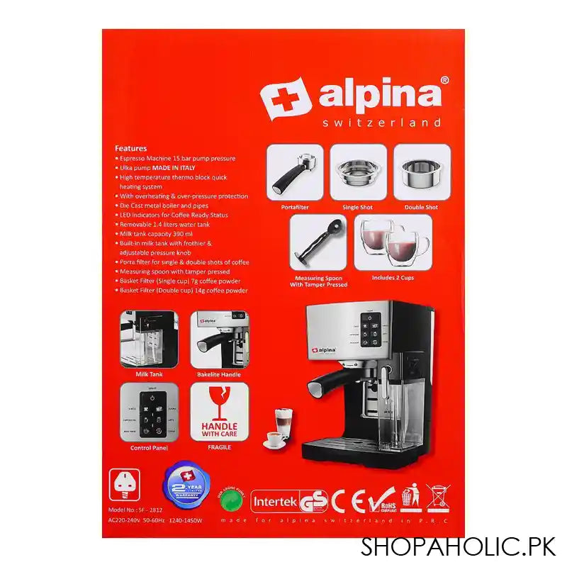 Alpina Coffee Espresso Machine, Silver/Black, SF-2812 - Image 4