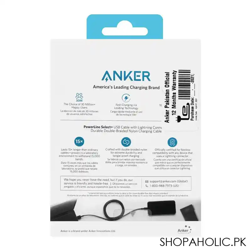 Anker Power Line Select+ USB-A Cable With Lightning Connector, 6ft, Black, A8013H11 - Image 2