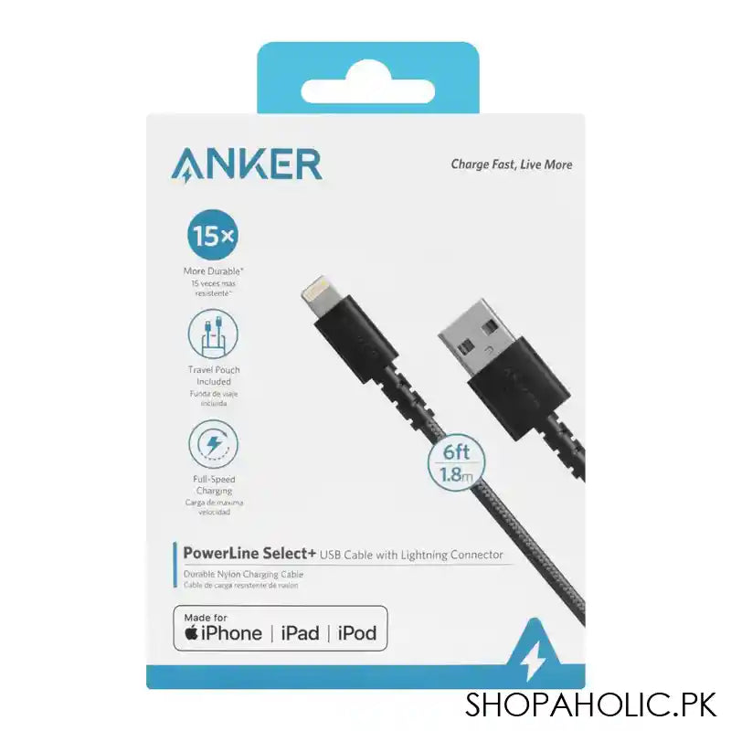 Anker Power Line Select+ USB-A Cable With Lightning Connector, 6ft, Black, A8013H11 - Image 3