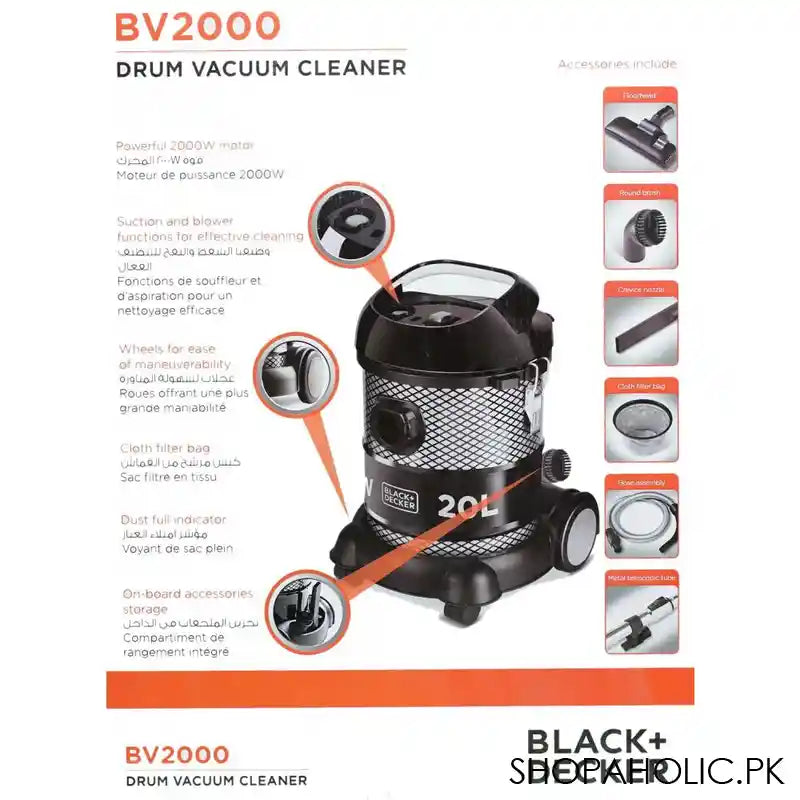 Black & Decker Drum Vacuum Cleaner With Blower, 2000W, 20 Liters, BV2000 - Image 3