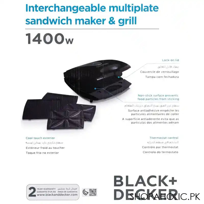 Black & Decker Interchangeable Multiplate Sandwich Maker & Grill, 1400W, TS-4080 - Image 2