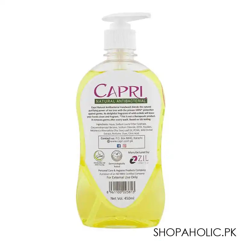 Capri Natural Antibacterial Tea Tree Extracts & Wild Orchids Protection Hand Wash, 450ml - Image 3