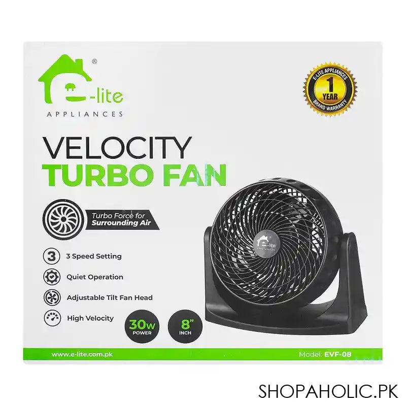 E-Lite High Velocity Turbo Fan, 3 Speeds, Adjustable Tilt, Quiet, 30W, 8 Inch, Black, EVF-08 - Image 2