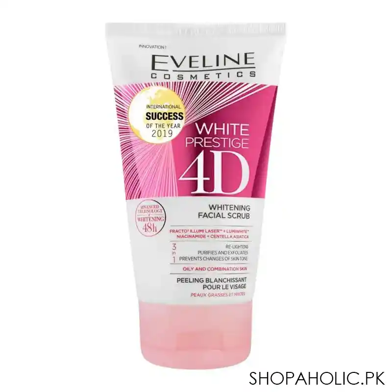 eveline 48h white prestige 4d 3 in 1 whitening facial scrub, oily & combination skin, 150ml main image