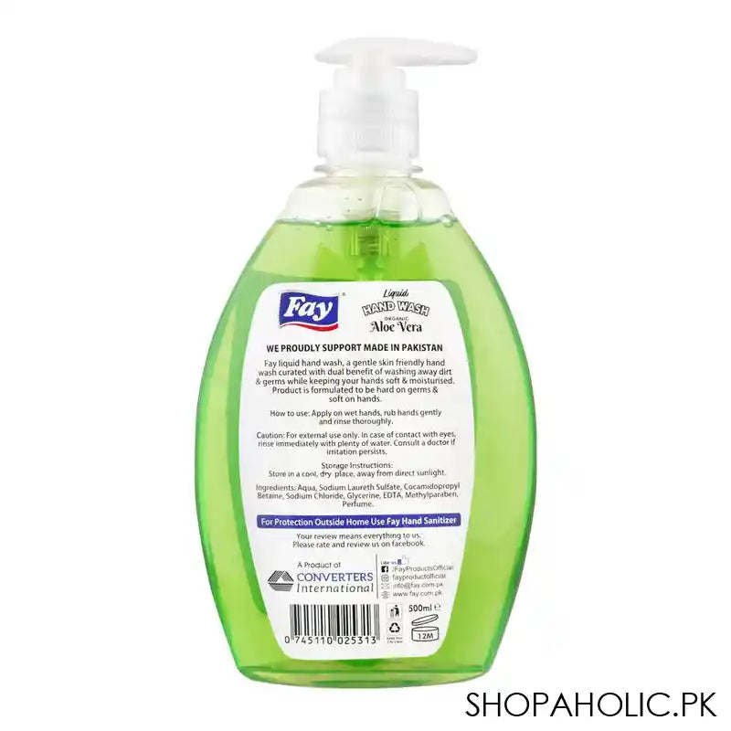 Fay Aloe Vera Anti-Bacterial Liquid Hand Wash, 500ml - Image 3