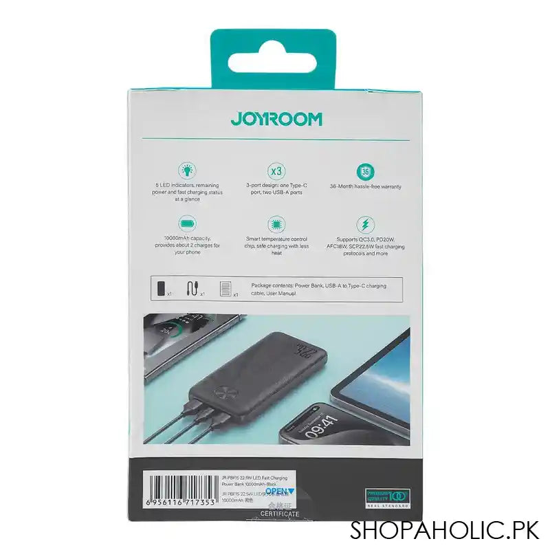 Joyroom 22.5W LED Fast Charging Power Bank, 10000mAh, Black, JR-PBF15 - Image 3