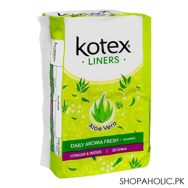 Kotex Aloe Vera Daily Aroma Fresh Scented, Longer & Wider Panty Liner, 32-Pack - Main Image