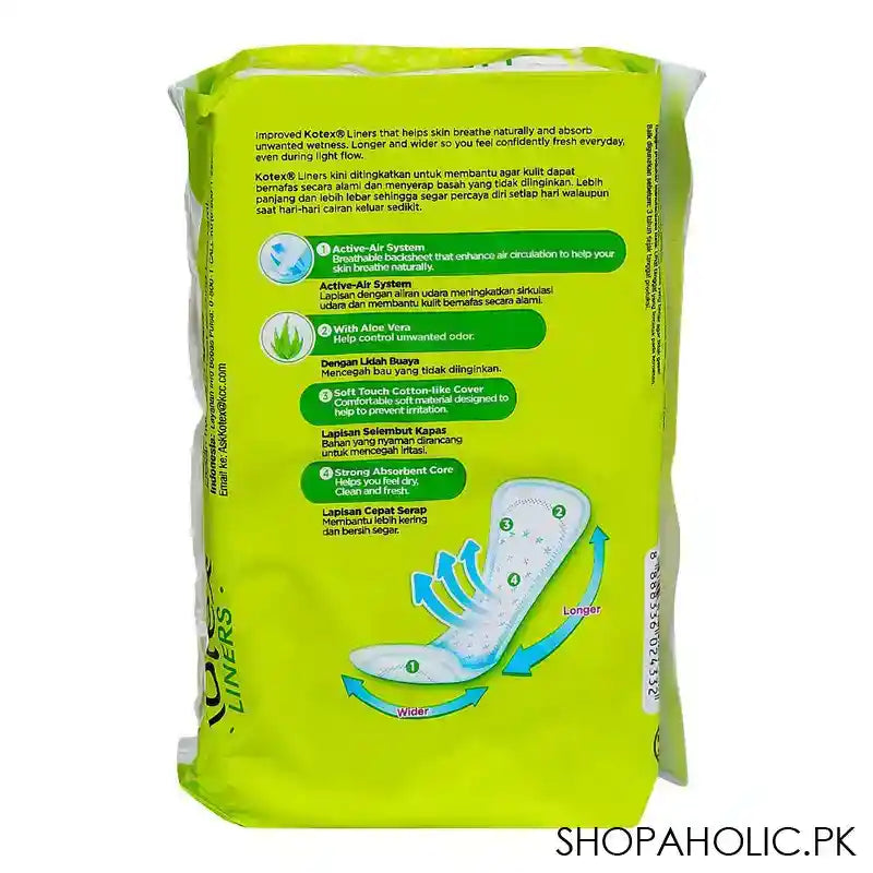 Kotex Aloe Vera Daily Aroma Fresh Scented, Longer & Wider Panty Liner, 32-Pack - Image 4