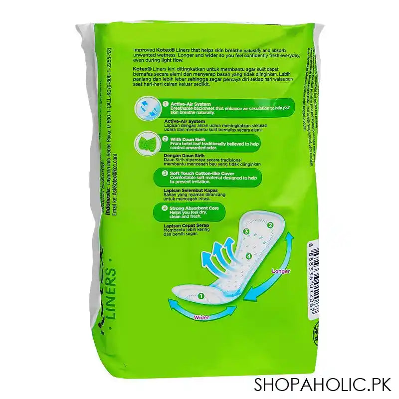 Kotex Betel Leaf Daily Aroma Fresh Scented, Longer & Wider Panty Liner, 32-Pack - Image 2