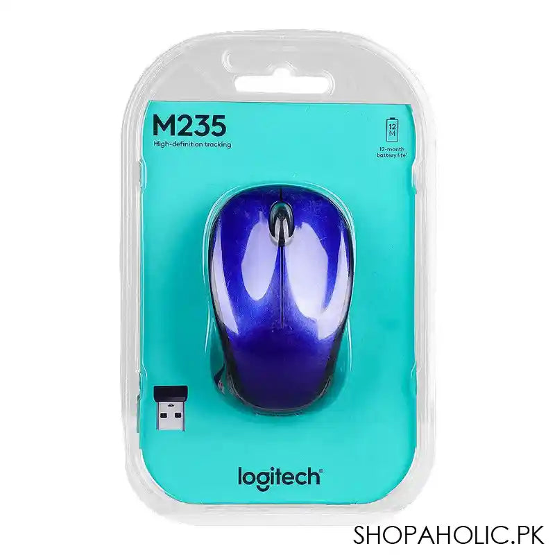 Logitech Advanced Optical Tracking Wireless Mouse, 12M Battery Life, Black & Blue, M235, 910-003392 - Main Image