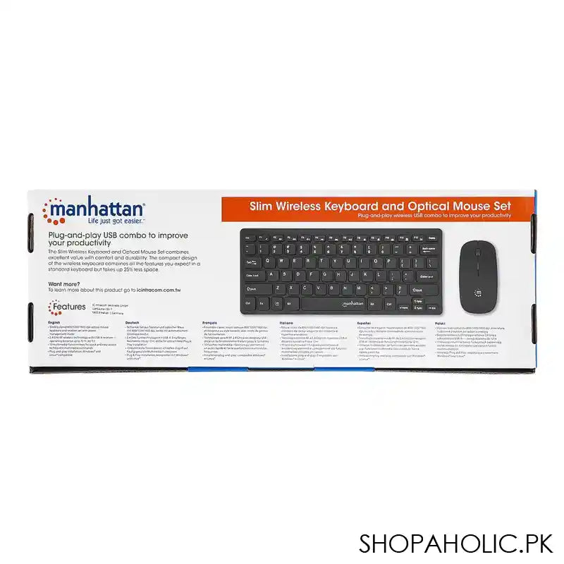 Manhattan Slim Wireless Keyboard And Optical Mouse Set 180443, Wireless Connection With USB-A Receiver, Multimedia Buttons - Image 2