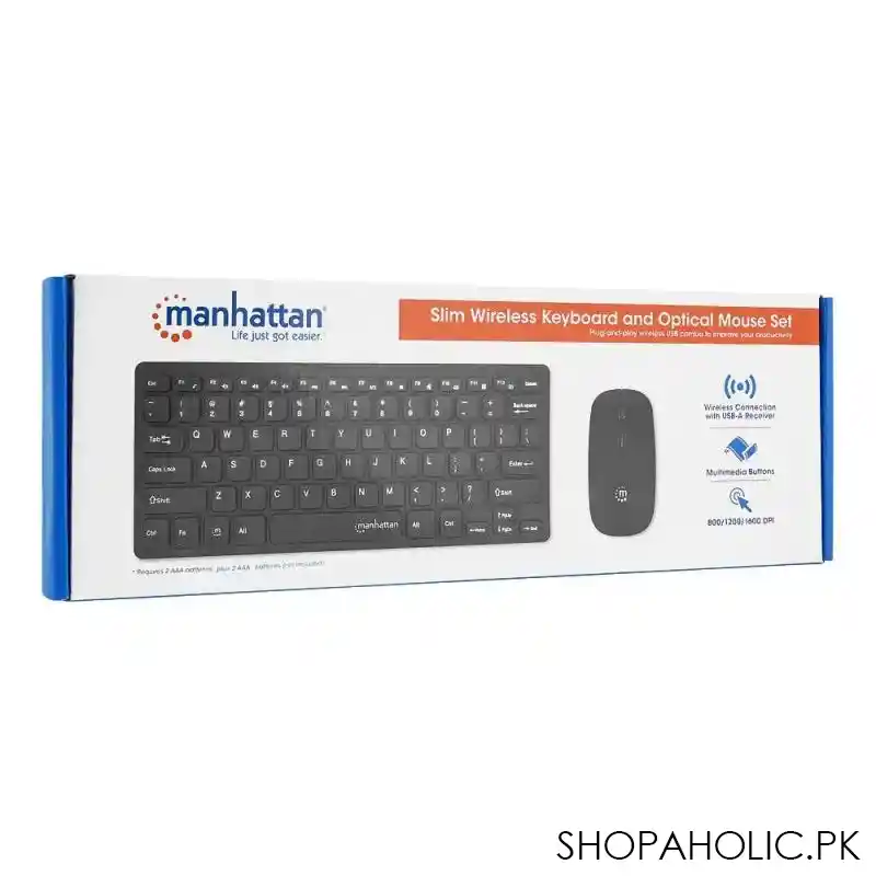 manhattan slim wireless keyboard and optical mouse set 180443, wireless connection with usb a receiver, multimedia buttons image2