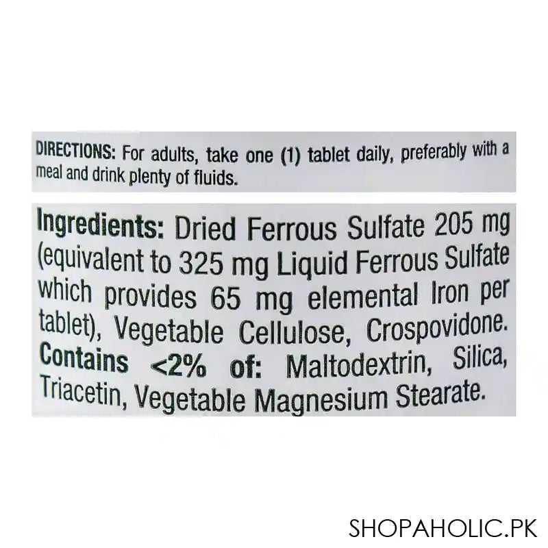 Nature's Bounty Iron + Ferrous Sulfate, 65mg + 325mg, 100 Tablets, Mineral Supplement - Image 2