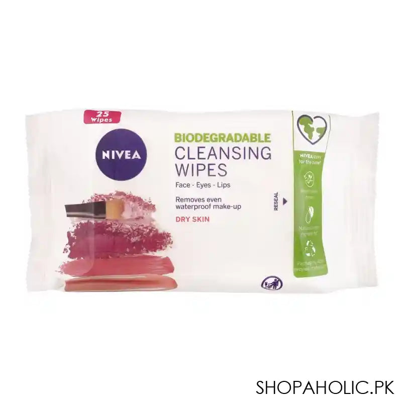 Nivea Biodegradable Face-Eyes-Lips Dry Skin Cleansing Wipes, Removes Even Waterproof Makeup, 25-Pack - Main Image