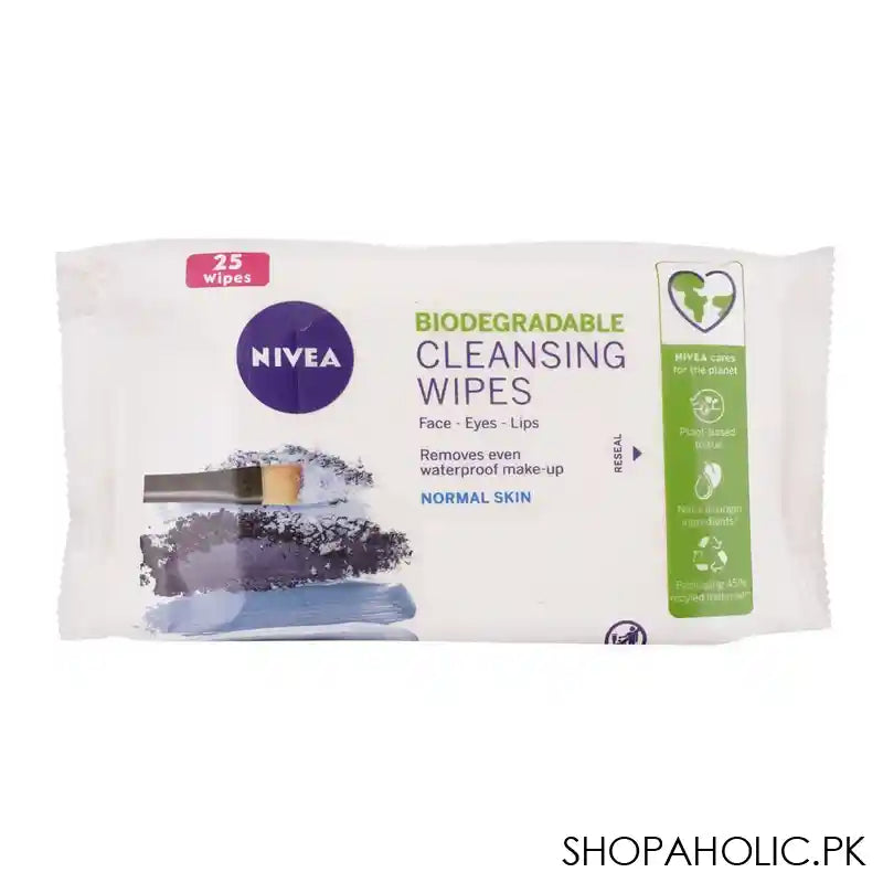 Nivea Biodegradable Face-Eyes-Lips Normal Skin Cleansing Wipes, Removes Even Waterproof Makeup, 25-Pack - Main Image