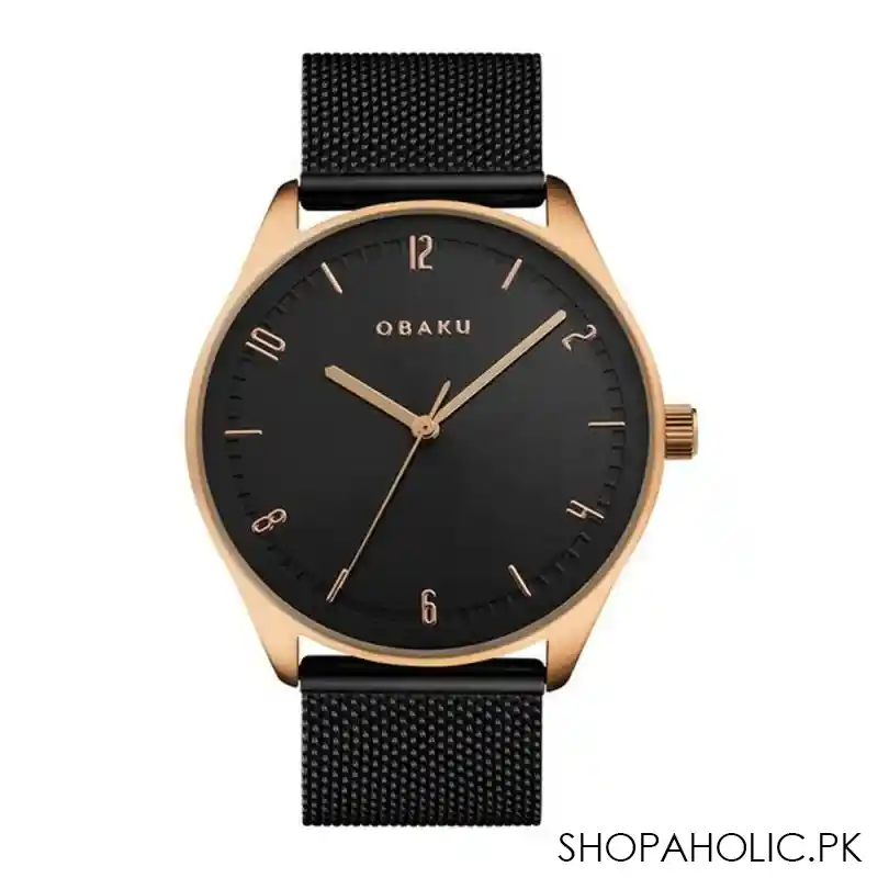 obaku men's golden round dial with black background & bracelet analog watch, v235gxvbmb main image