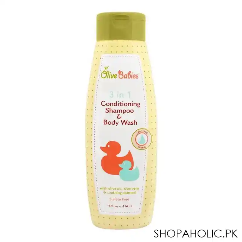 olive babies 3 in 1 conditioning shampoo & body wash, with olive oil, aloe vera & soothing oatmeal, sulfate free, 414ml main image