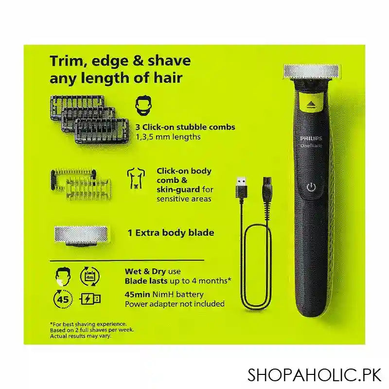 Philips One Blade Face & Body Trimmer, Dual-Sided, Long Battery, Waterproof, QP2824/10 - Image 6