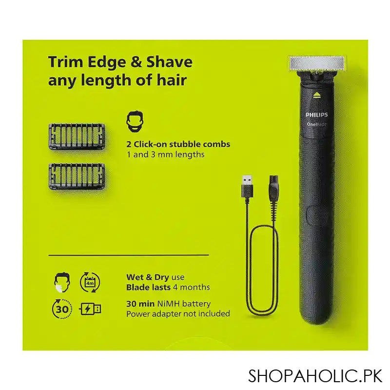 Philips One Blade Face Trimmer With 1 and 3 mm 2 Click On Stubble Combs, QP1424/10 - Image 7