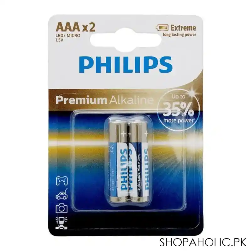 philips premium alkaline aaa batteries, 2 pack, lr03m2b/97 main image