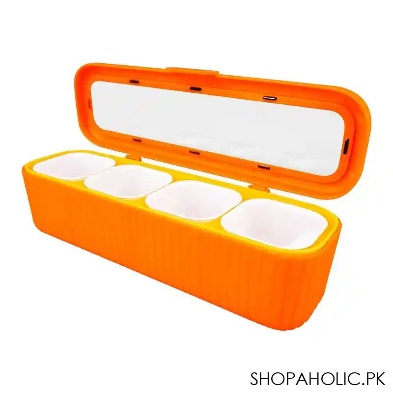 Plastic 4 Portions Seasoning Box With Jars & Spoons, Kitchen Spice Master Set, Orange, 100652 - Main Image