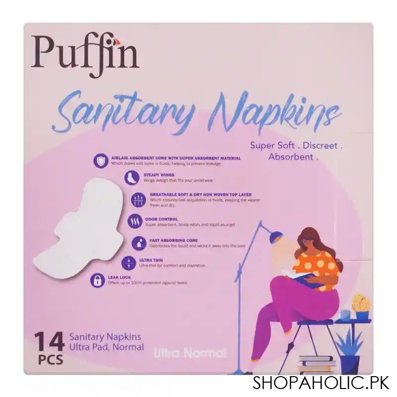 Puffin Sanitary Napkins Day/Night Ultra Normal Pads, 14-Pack - Image 4