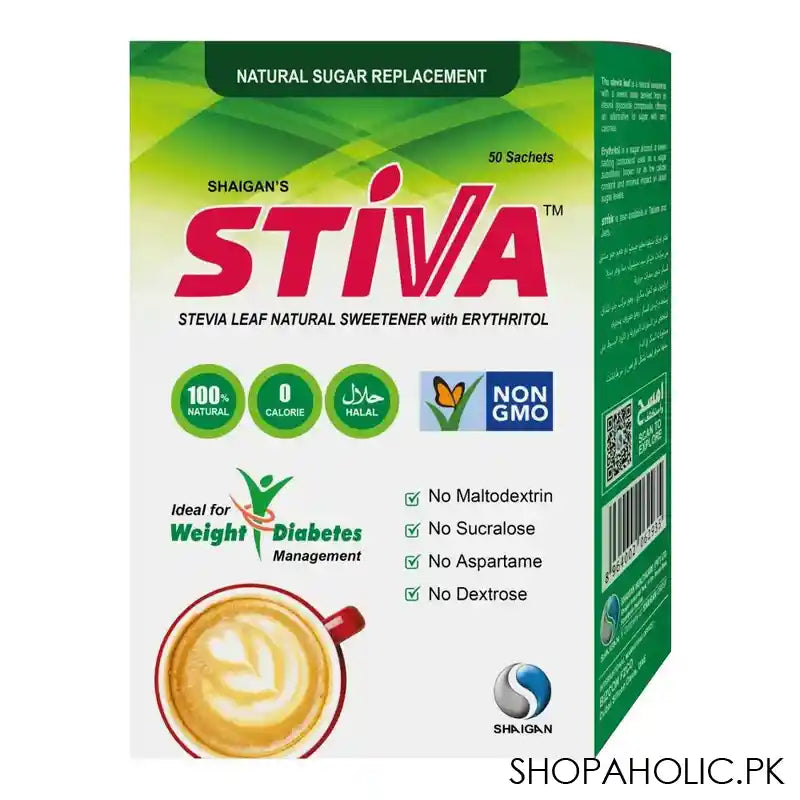 Shaigan Stiva Stevia Leaf Sweetener With Erythritol, Natural Sugar Replacement, Pack of 50 Sachets - Main Image