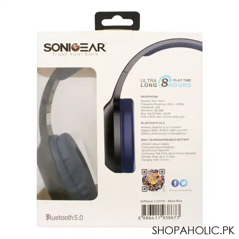 SonicEar Airphone 3 On Ear Bluetooth Headphones, Black Blue - Image 2