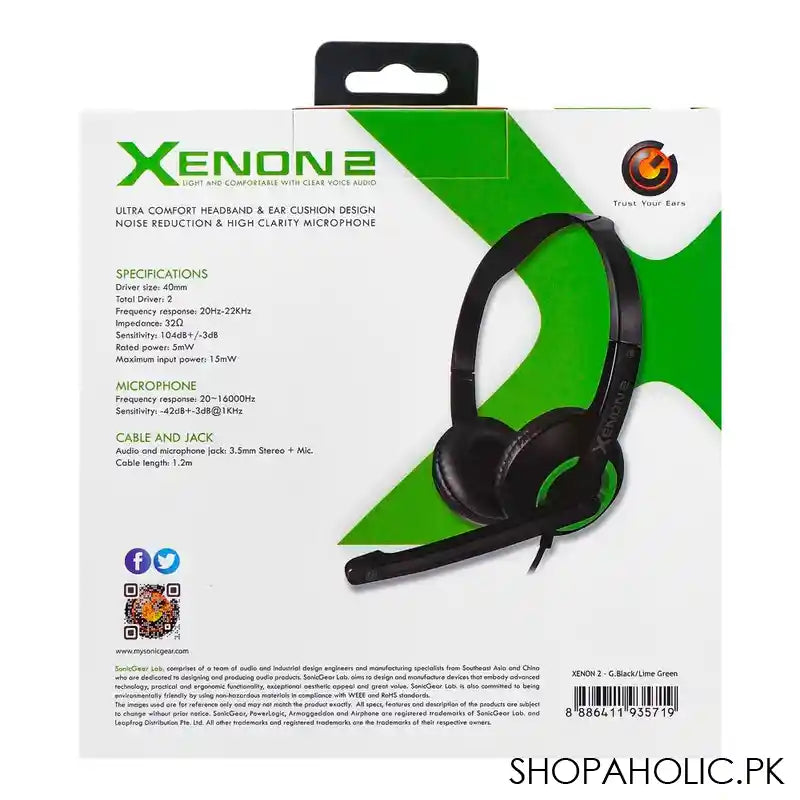 SonicEar Xenon 2 Headphones, Light & Comfortable With Clear Voice Audio, G.Black/Lime Green, 15mW - Image 2