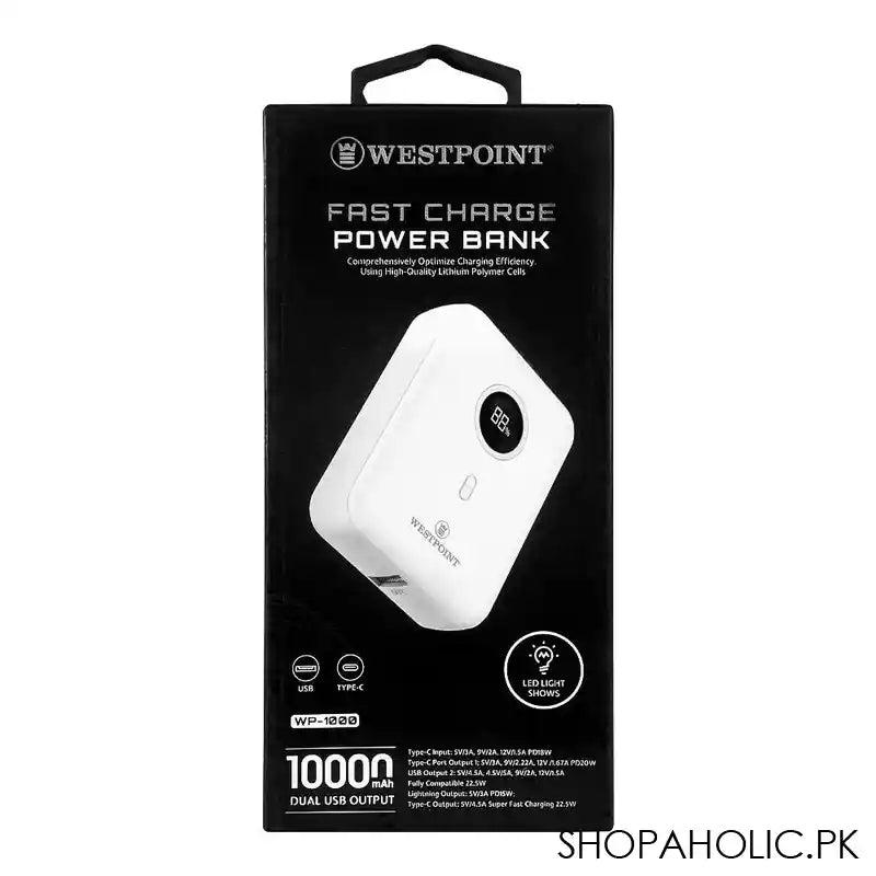 West Point 10000mAh Fast Charge Power Bank, White, WP-1000 - Image 4