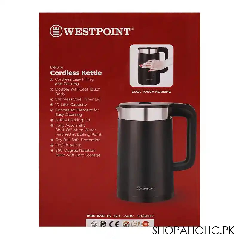 West Point Deluxe Cordless Kettle, 1.7 Liter, Stainless Steel Inner Lid, Dry Boil Protection, WA-6170 - Image 3