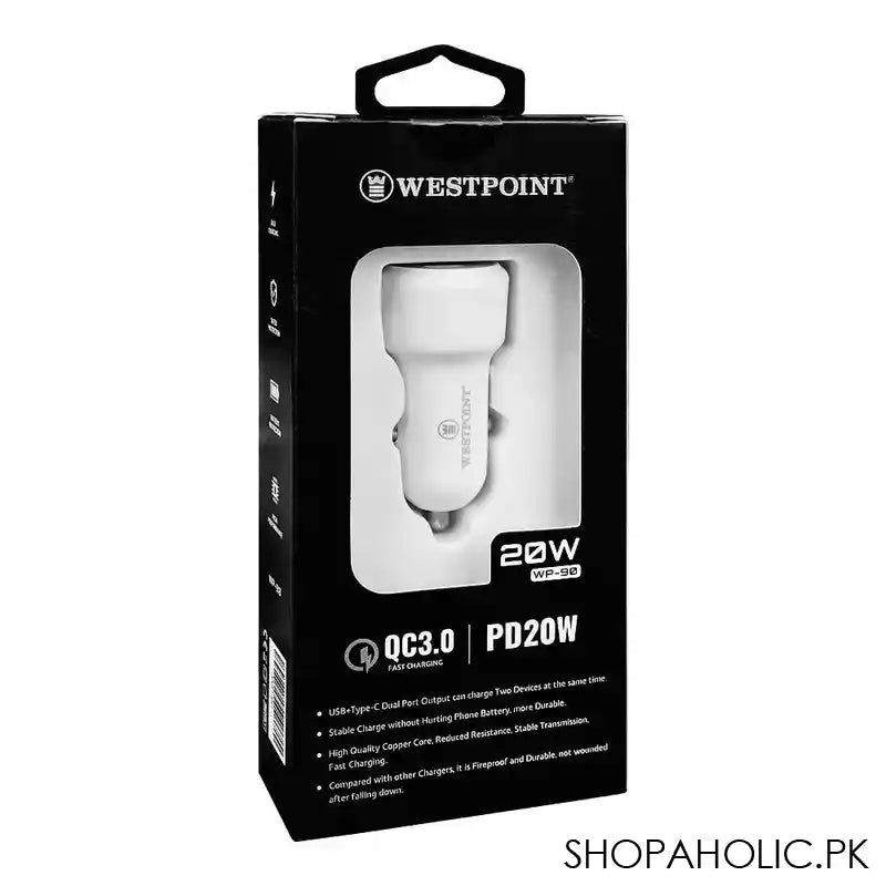 West Point PD20W+QC3.0 Fast Charging PD Car Charger, White, WP-90 - Image 5