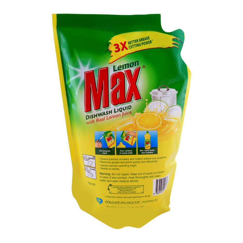 Lemon Max Dishwash Liquid, Pouch, 450ml - Image 2