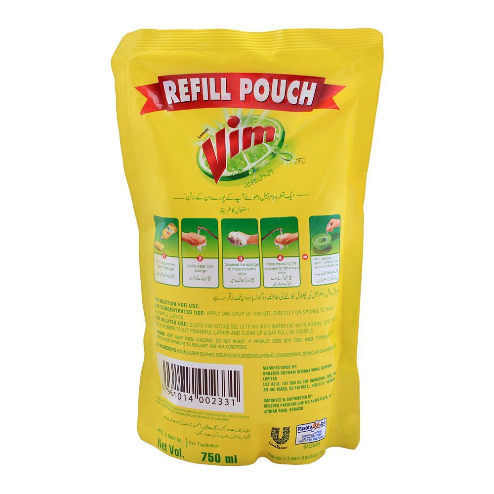 Vim Lemon Dishwash Active Gel Refill Pouch 750ml - Image 2