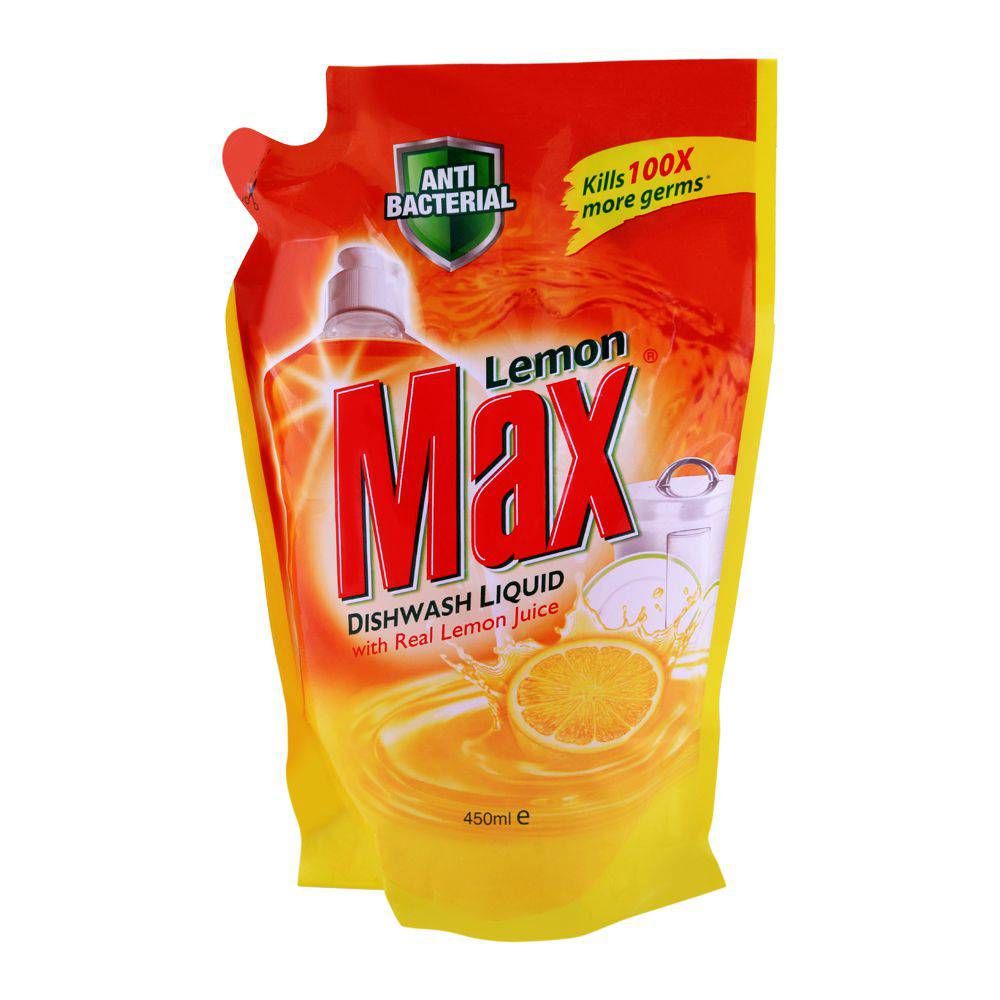 Lemon Max Dishwash Liquid, With Real Lemon Juice, Pouch, 450ml - Main Image