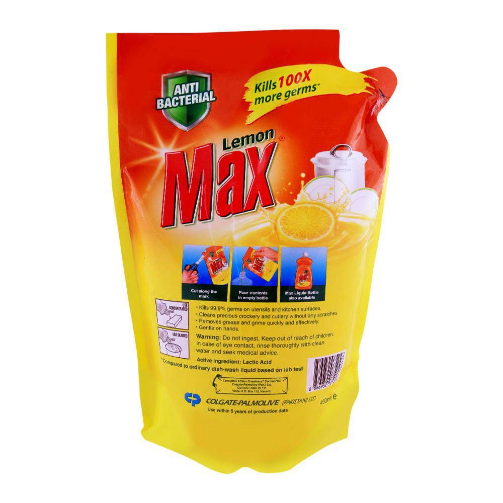 Lemon Max Dishwash Liquid, With Real Lemon Juice, Pouch, 450ml - Image 2