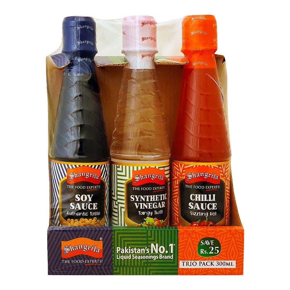 Shangrila Trio Pack, Soy Sauce + Synthetic Vinegar + Chili Sauce, 3x300ml - Main Image