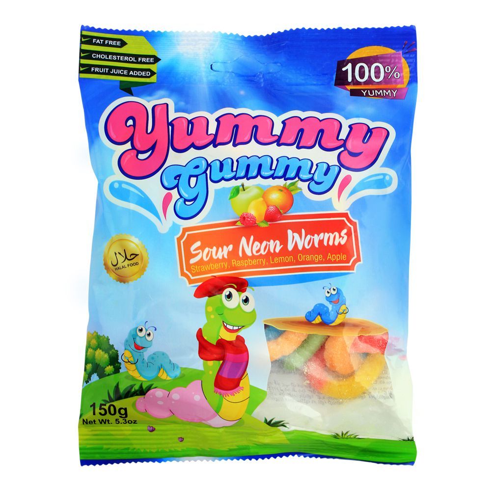 Yummy Gummy Jelly Sour Neon Worms, Gluten Free, 150g - Main Image