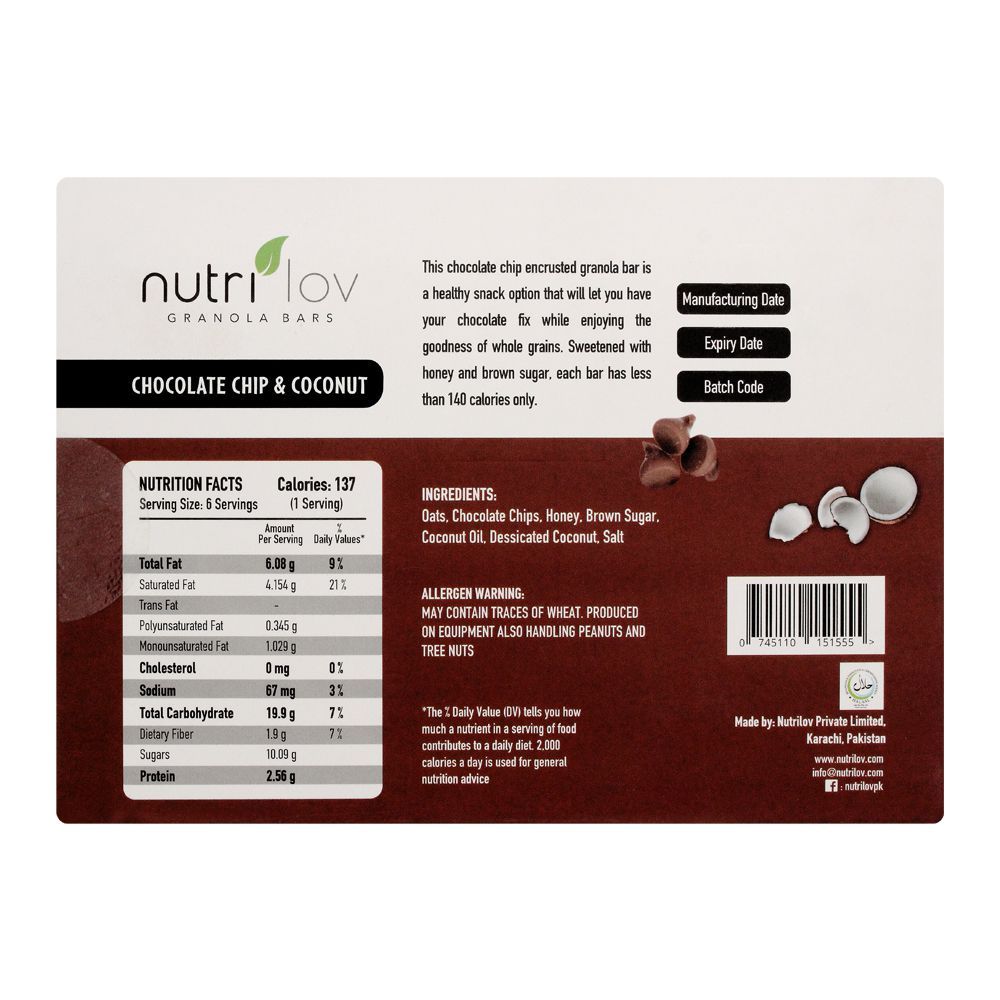 Nutri Lov Granola Bars, Chocolate Chip & Coconut, 6x40g - Image 2