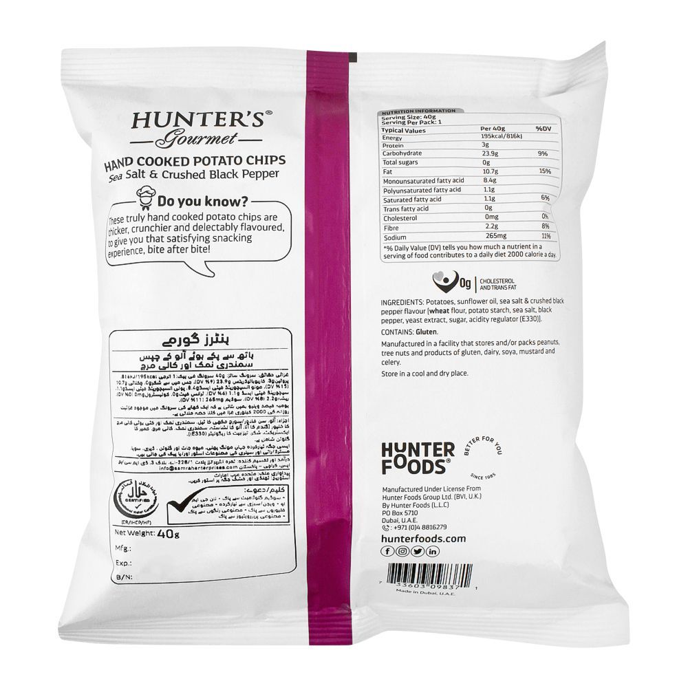 Hunter's Gourmet Sea Salt & Black Pepper Hand Cooked Potato Chips, 40g - Image 2