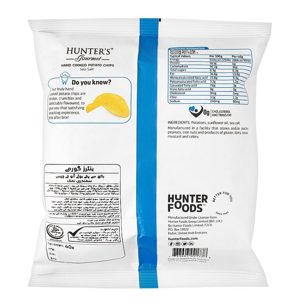 Hunter's Gourmet Sea Salt Hand Cooked Potato Chips, 40g - Image 2