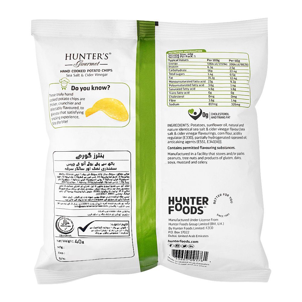 Hunter's Gourmet Sea Salt & Cider Vinegar Hand Cooked Potato Chips, 40g - Image 2