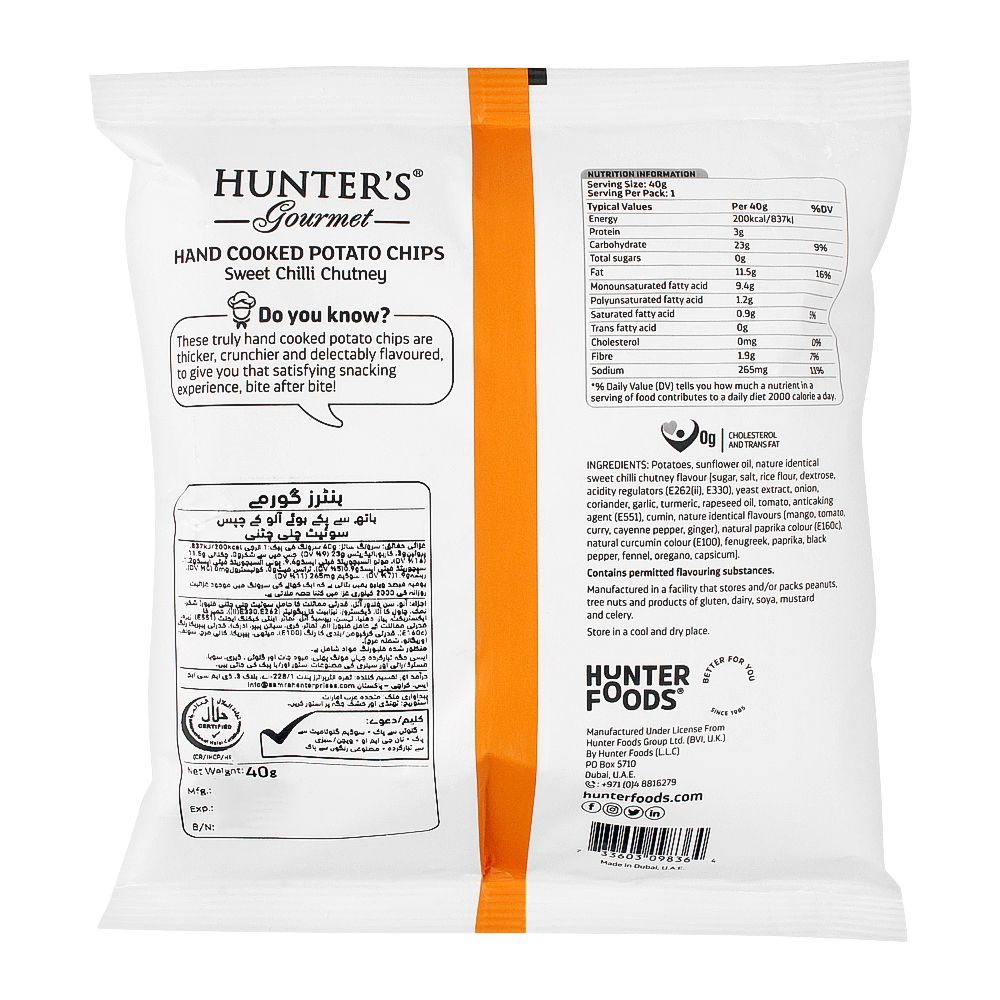 Hunter's Gourmet Sweet Chilli Chutney Hand Cooked Potato Chips, 40g - Image 2