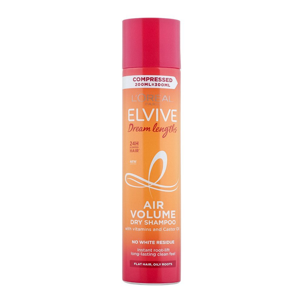 L'Oreal Paris Elvive Dream Lengths 24Hrs Scented Hair, Air Volume Dry Shampoo With Vitamins & Castor Oil, No White Residue, Instant Root-Lift Long Lasting Clean Feel, For Flat Hair & Oily Roots, 200ml - Main Image