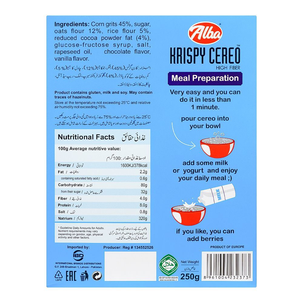 Alba Krispy Cereo, High Fiber Delicious Cereal, Gluten, Milk, Soy & Hazelnuts, 250g - Image 2