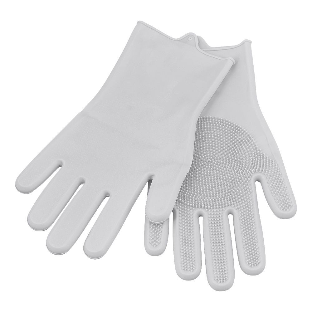 Silicone Dishwashing Rubber Gloves With Scrubber, Gray, 1-Pair - Main Image