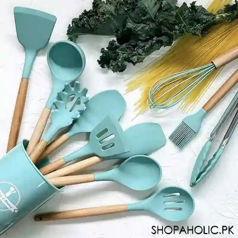 12pcs silicone non stick utensil and spatula with wooden handle cooking tools set image4