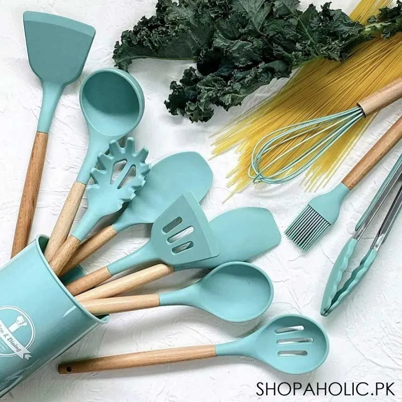 12pcs silicone non stick utensil and spatula with wooden handle cooking tools set image4