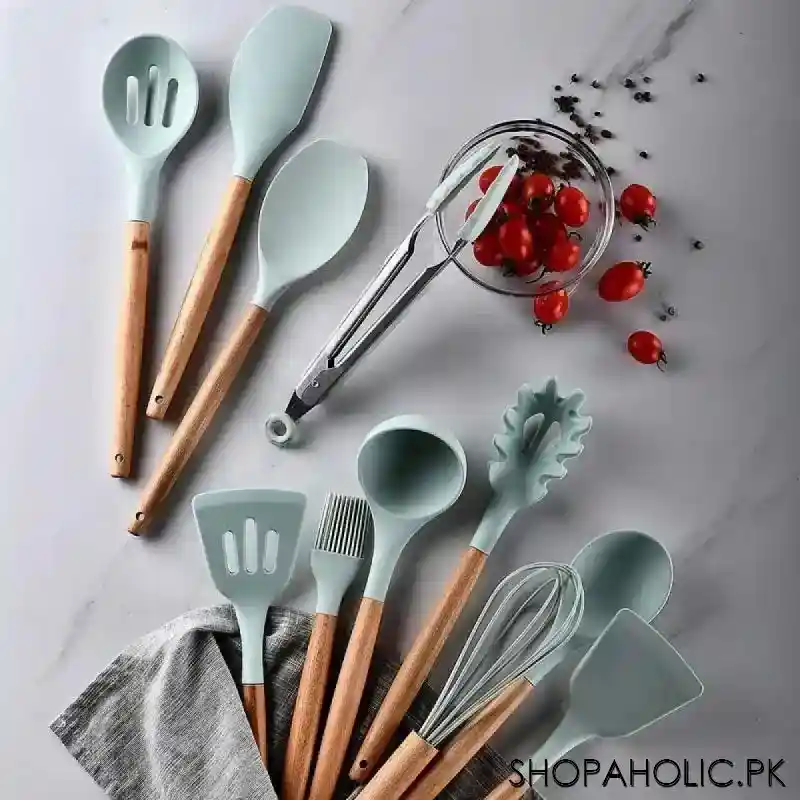 12pcs silicone non stick utensil and spatula with wooden handle cooking tools set main image