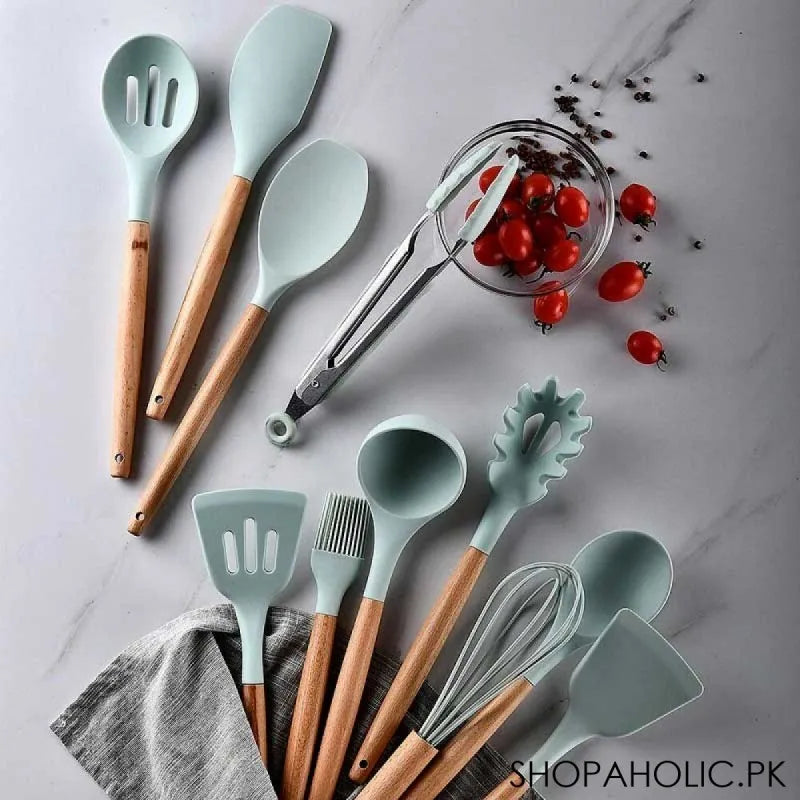 12pcs silicone non stick utensil and spatula with wooden handle cooking tools set main image